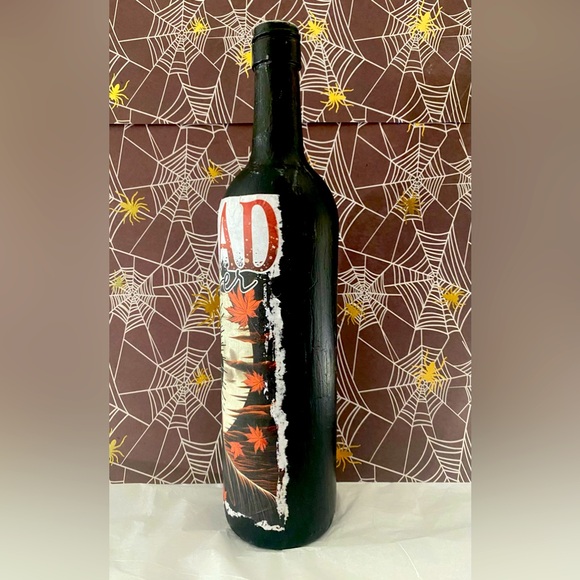 Upcycled Decoupage Pinhead Hellraiser Halloween Horror Decorated Wine Bottle - Picture 3 of 6